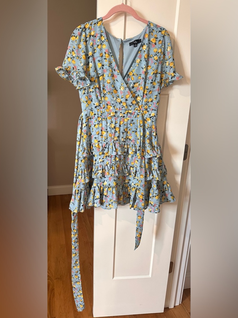 Lulu's Powder Blue Floral V-Neck Dress with Yellow Roses